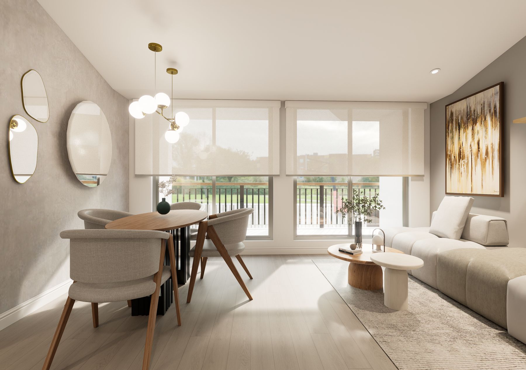 Render interior de la sala del apartamento Huertas