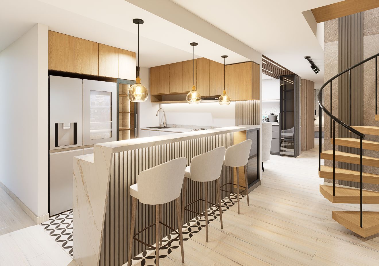 Render interior de la cocina del apartamento Modigliani